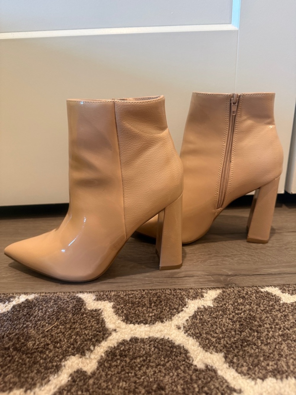 Harper Beige Patent & Leather Block Heel Ankle Booties